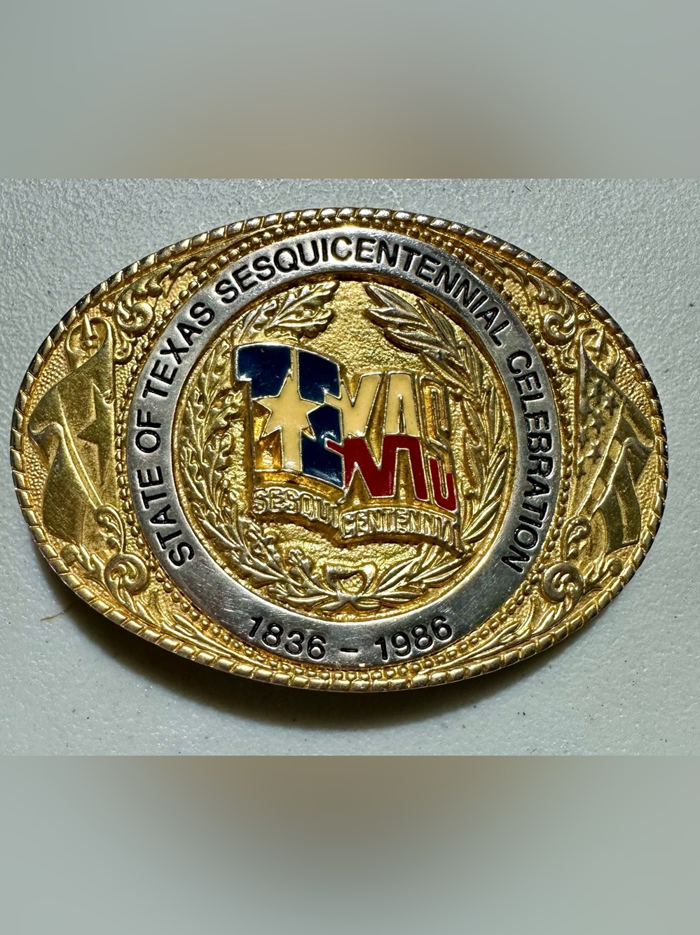 Vintage Texoma Leather & Brass State of Texas Commemorative Oval Belt Buckle